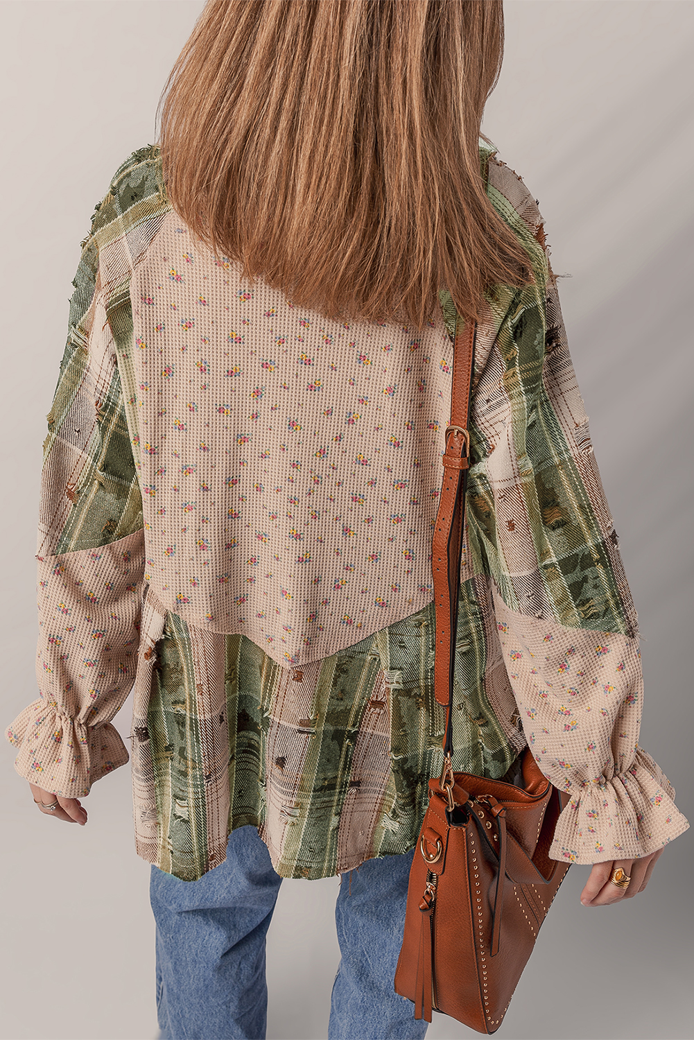 Mist Green Boho Floral Plaid Patchwork Distressed Detail Ruffled Sleeve Waffle Knit Shacket Mist Green Boho Floral Plaid Patchwork Distressed Detail Ruffled Sleeve Waffle Knit Shacket