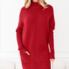 Fiery Red Ribbed High Neck Front Pockets Center Seam Shift Sweater Dress