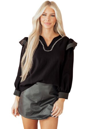 Black Contrast Stitched Detail V Neck Ruffle Long Sleeve Blouse - Image 17