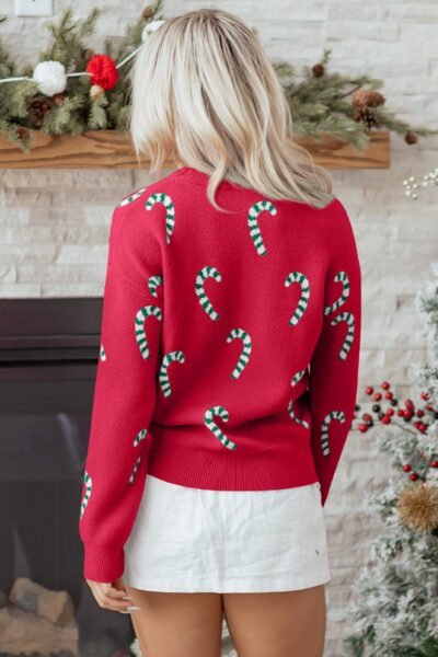 Alternative view of Racing Red Christmas Candy Cane Holiday Drop Shoulder Sweater
