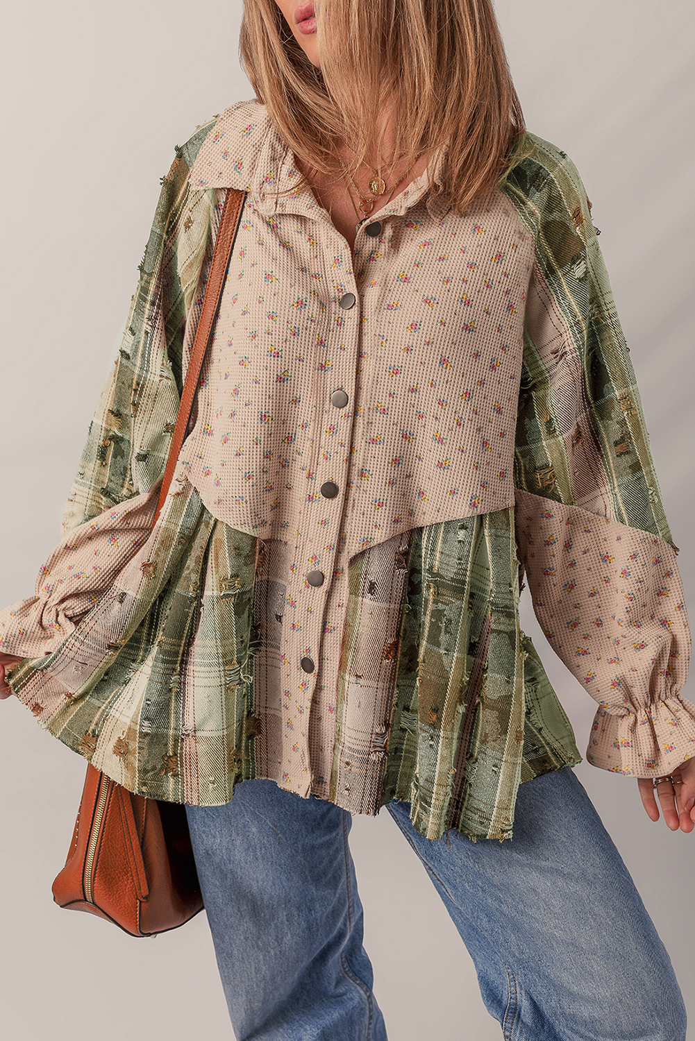 Mist Green Boho Floral Plaid Patchwork Distressed Detail Ruffled Sleeve Waffle Knit Shacket Mist Green Boho Floral Plaid Patchwork Distressed Detail Ruffled Sleeve Waffle Knit Shacket