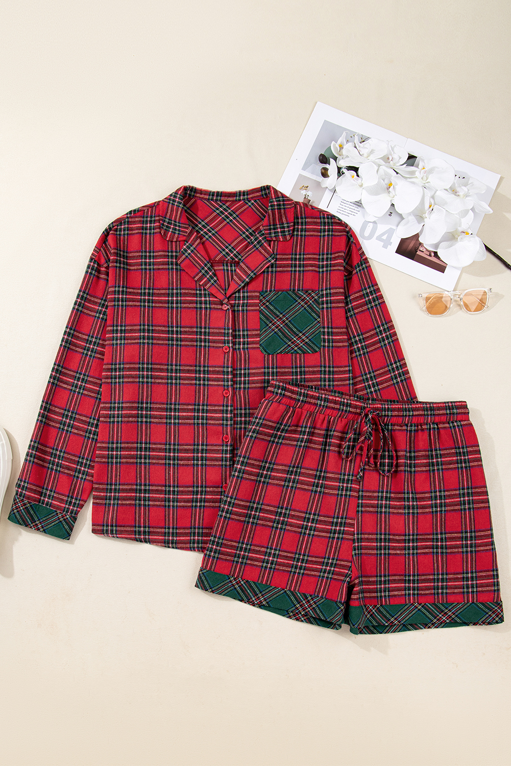 Red Plus Size Plaid Contrast Patchwork Long Sleeve Shirt and Shorts 2pcs Pajama Set Red Plus Size Plaid Contrast Patchwork Long Sleeve Shirt and Shorts 2pcs Pajama Set