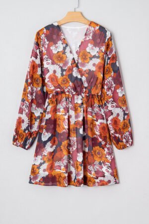 Red Floral Print Wrap V Neck Puff Sleeve Flowy Mini Dress - Image 4