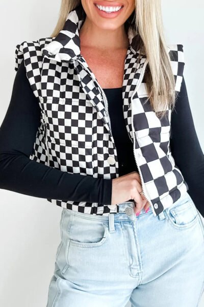 Black Double Checked Stand Collar Cropped Puffer Vest