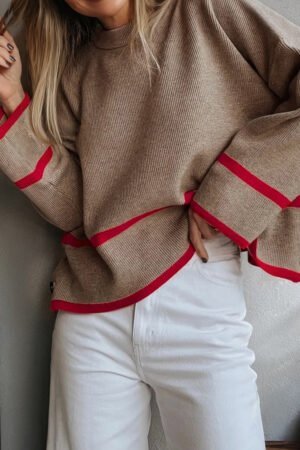 Simply Taupe Ribbed Knit Contrasted Stripe Detail Button Side Loose Sweater - Image 4