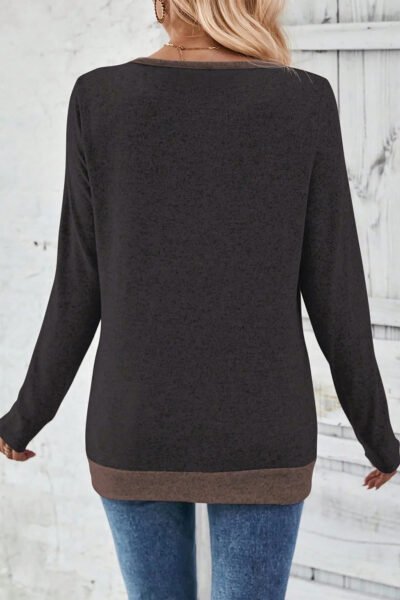 Chicory Coffee Color Block Trim V Neck Button Decor Long Sleeve Top