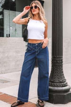 Sail Blue Stitched Waist Detail Loose Cuffed Jeans - Image 6