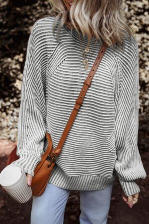 Medium Grey Striped Print Ribbed Knit Boat Neck Baggy Sweater - Image 4