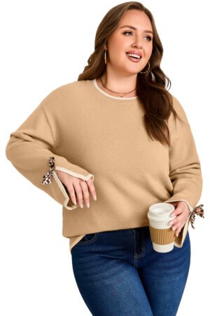 Tan Plus Size Leopard Bow Decor Split Cuffs Loose Sweater - Image 16