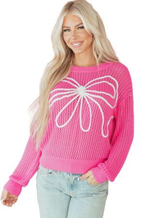 Sachet Pink Sweet Bow Decor Hollow Out Knitted Drop Shoulder Sweater - Image 18
