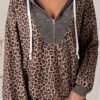 Khaki Ribbed Leopard Print Contrast Collar Zip Hooded Pullover Sweatshirt