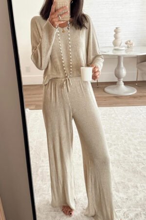 Jet Stream 3D Ribbed V Neck Pullover Drawstring Pants 2 Piece Lounge Set