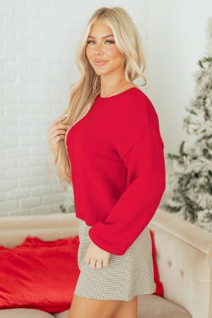 Fiery Red Festive Bow Backless Bubble Sleeve Sweater - Image 3