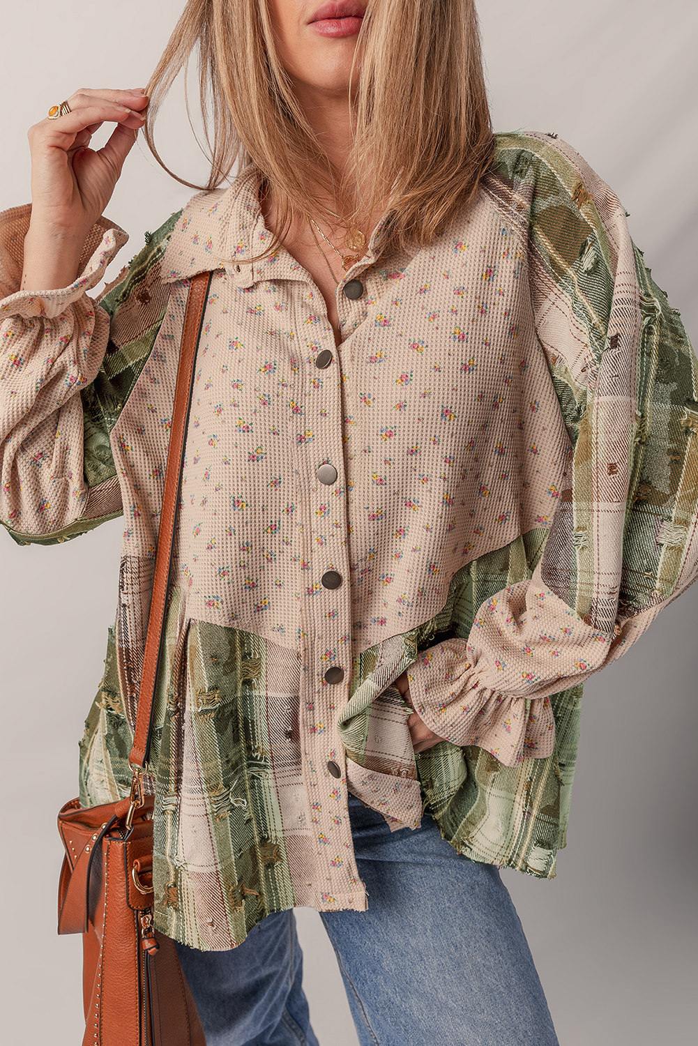Mist Green Boho Floral Plaid Patchwork Distressed Detail Ruffled Sleeve Waffle Knit Shacket Mist Green Boho Floral Plaid Patchwork Distressed Detail Ruffled Sleeve Waffle Knit Shacket