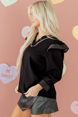 Black Contrast Stitched Detail V Neck Ruffle Long Sleeve Blouse - Image 11