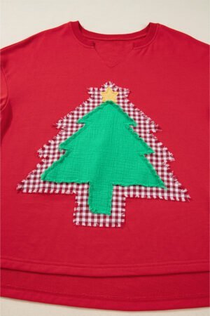 Fiery Red Plaid Frayed Double Christmas Tree Patched Drop Shoulder Sweatshirt - Image 6