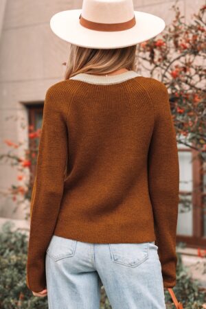Chestnut Contrast Knit V Neckline Short Cardigan - Image 10