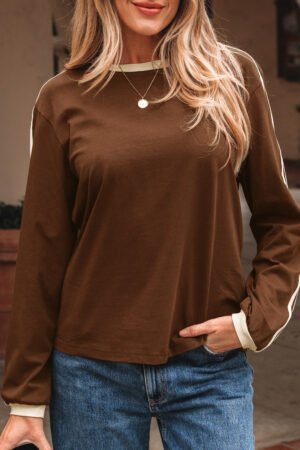 Dark Brown Varsity Striped Accent Contrast Crew Neck Long Sleeve T Shirt - Image 16