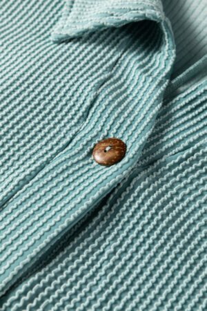 Light Blue Oversized Twist Ribbed Collared Henley Top with Roll up Sleeve - Image 10