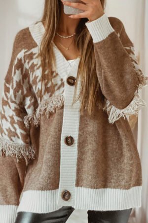 Khaki Houndstooth Color Block V Neck Raw Edge Button Front Cardigan