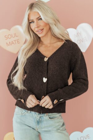 Chicory Coffee Heart Metal Button V Neck Cardigan Sweater - Image 9