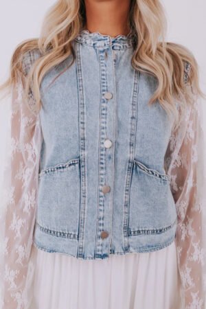 Beau Blue Scalloped Trim Patch Pocket Button Front Denim Vest - Image 4