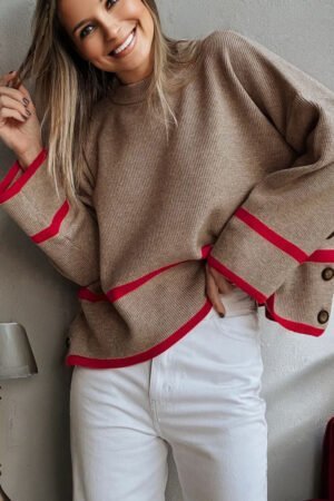 Simply Taupe Ribbed Knit Contrasted Stripe Detail Button Side Loose Sweater - Image 6