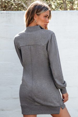 Alternative view of Dark Grey Zip up Collared Ribbed Patchwork Sweatshirt Dress with Pockets
