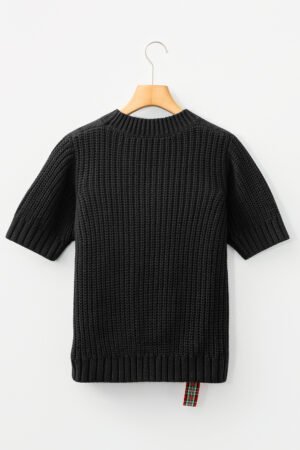 Black Plaid Lace up Detail Christmas Holiday Puff Short Sleeve Sweater - Image 6