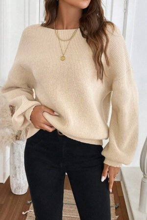 Jet Stream Ribbed Knit Ribbon Knot Backless Drop Shoulder Sweater - Image 3