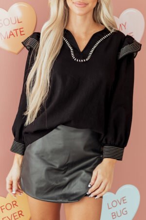 Black Contrast Stitched Detail V Neck Ruffle Long Sleeve Blouse - Image 15