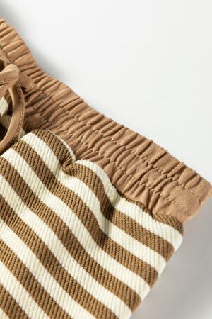 Brown Stripe Textured Drop Shoulder Pullover Top Drawstring Mini Skirt Two Piece Dress Set - Image 17