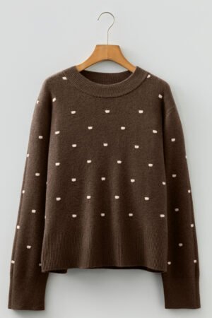 Coffee Dotted Print Ribbed Edge Knit Sweater - Image 4