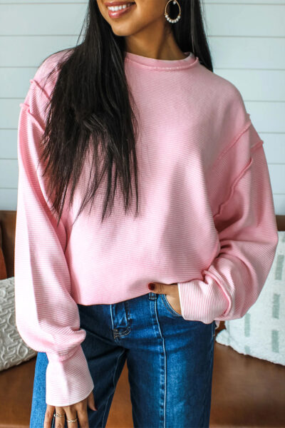 Pink Horizontal Ribbed Exposed Seam Detail Long Sleeve Top
