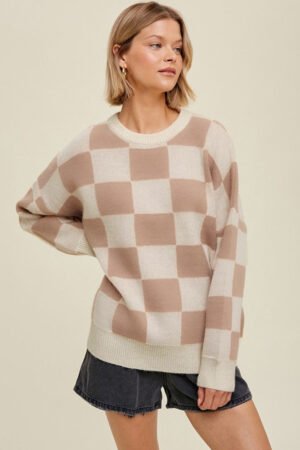 Parchment Checkered Pattern Ribbed Trim Knit Baggy Sweater - Image 4