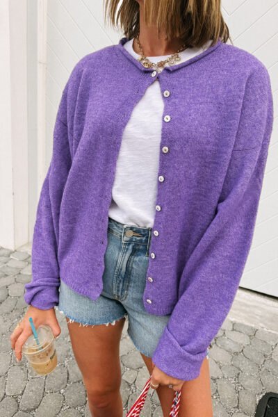 Wisteria Solid Color Knit Button Drop Shoulder Sweater Cardigan
