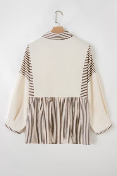 Alternative view of Khaki Stripe Plus Size Color Block Patchwork Half Button Long Sleeve Peplum Blouse
