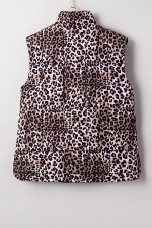 Brown Leopard Quilted Full Zipper Casual Puff Vest - Image 4