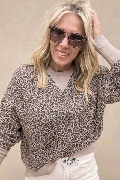 Khaki Leopard Print Patchwork Crew Neck Sweatshirt