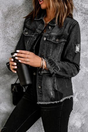 Black Lapel Distressed Raw Hem Buttons Denim Jacket - Image 5