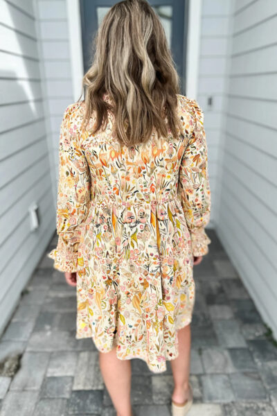 Yellow Floral Print Frilly Trim Smocked Cuff Long Sleeve Loose Shirt Dress