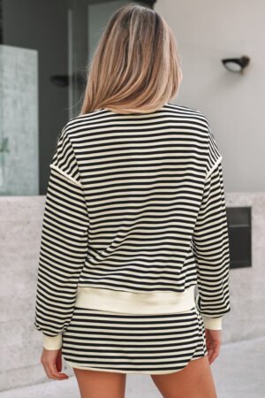 Black Stripe Textured Drop Shoulder Pullover Top Drawstring Mini Skirt Two Piece Dress Set - Image 3