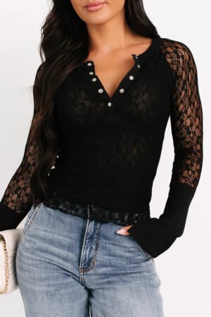 Black Sheer Lace Long Sleeve Slim Henley Top