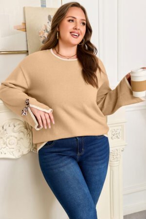 Tan Plus Size Leopard Bow Decor Split Cuffs Loose Sweater - Image 11