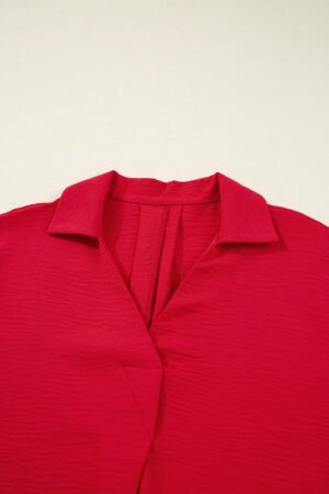 Fiery Red V Neck Collared Shirred 3/4 Sleeve Oversized Tunic Top - Image 7