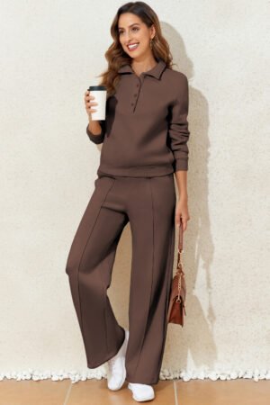 Dark Brown Solid Collared Sweatshirt and High Waist Pants Active Set - Image 5