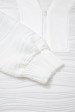 White Solid Color Textured Zip V Neck Pullover Sweatshirt - Image 7