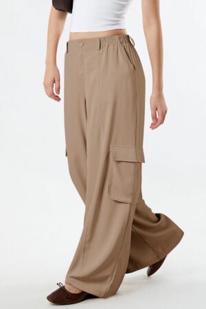 Camel Solid Color Elastic High Waist Loose Cargo Pants - Image 7