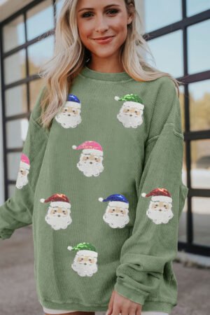 Grass Green Corded Ribbed Sequin Patched Santa Claus Graphic Sweatshirt - Image 4