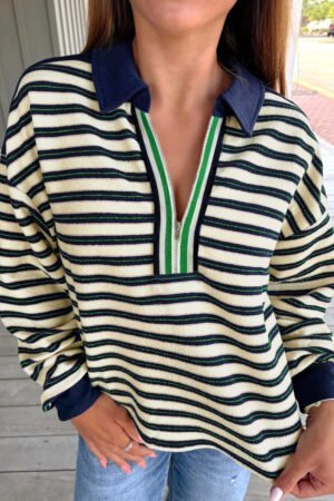 Navy Blue Striped Print Contrast Collar Zip V Neck Long Sleeve Top